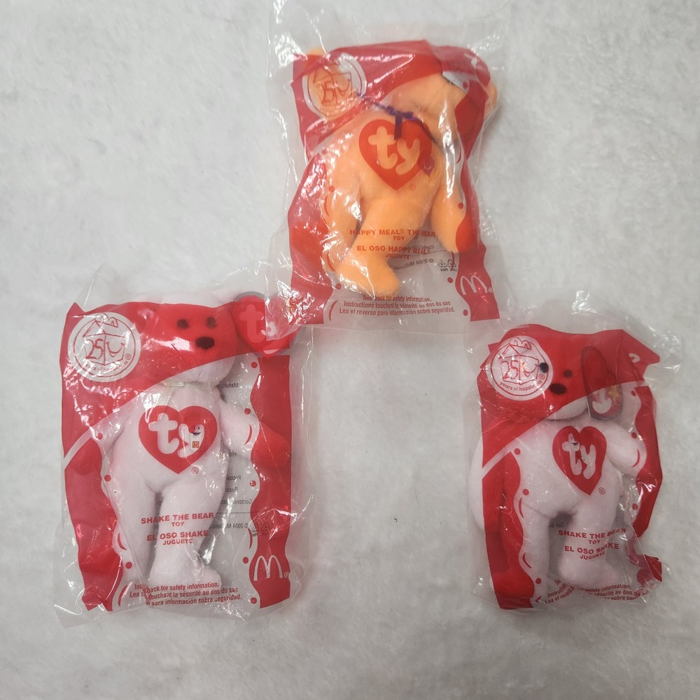 Lot of 3 Ty McDonald's 2004 Teenie Beanie Babies Shake & Happy Meal Bears NIP